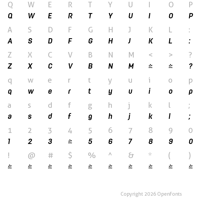 Character Map of FONTSPRING DEMO - Moderna Condensed Bold It Regular