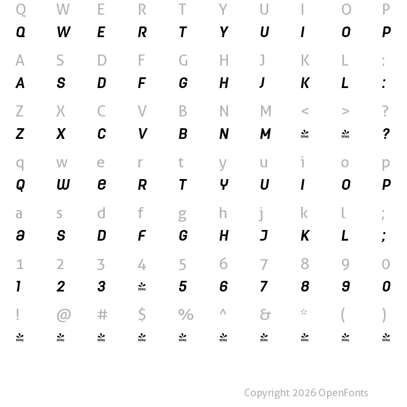 Character Map of FONTSPRING DEMO - ModernaUnicase Condensed Bold Italic