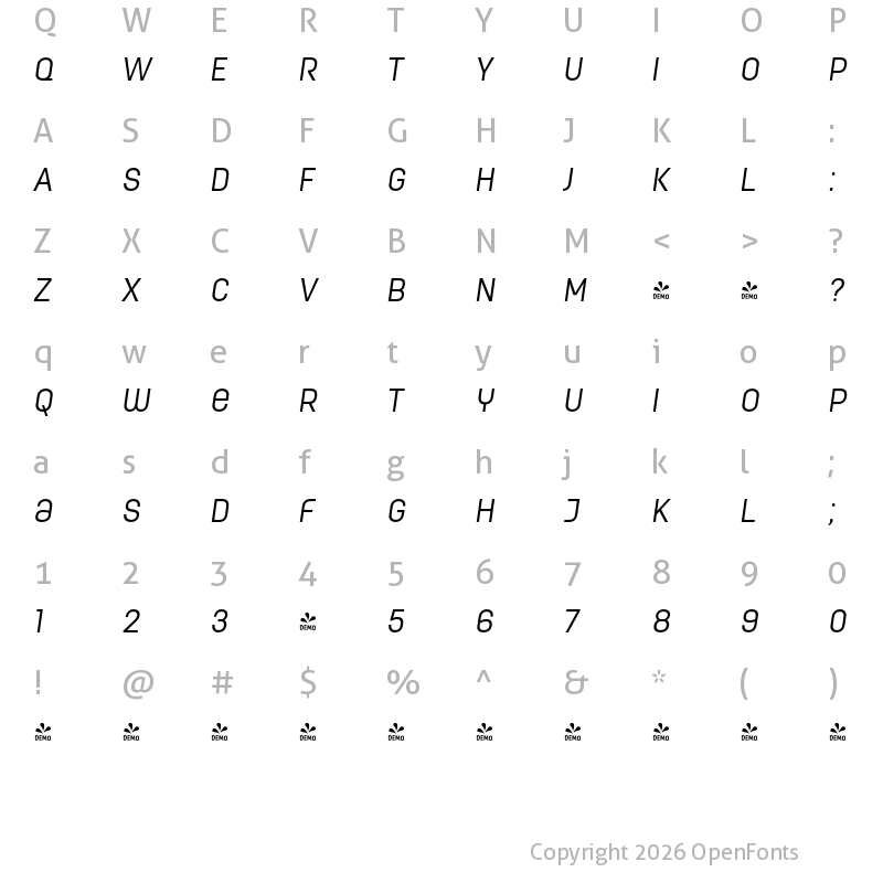 Character Map of FONTSPRING DEMO - ModernaUnicase Condensed Light Italic