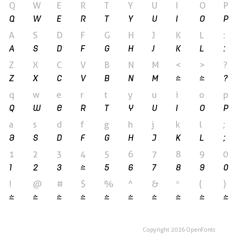 Character Map of FONTSPRING DEMO - ModernaUnicase Condensed Medium Italic