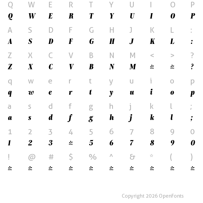 Character Map of FONTSPRING DEMO - Moisette ExtBd Italic