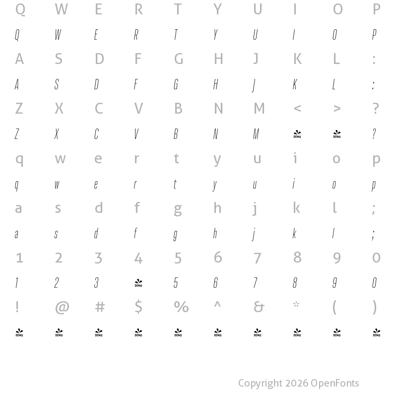 Character Map of FONTSPRING DEMO - Molde Compressed-Light Italic