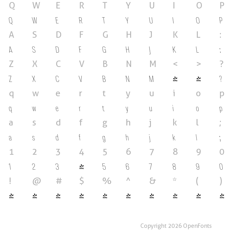 Character Map of FONTSPRING DEMO - Molde Cond-UltraLight Reverse Regular
