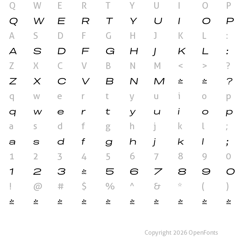 Character Map of FONTSPRING DEMO - Molde Expanded- Italic