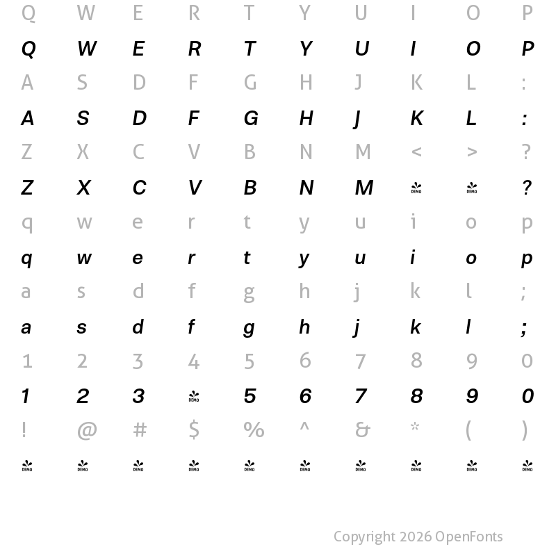 Character Map of FONTSPRING DEMO - Molde Medium Italic