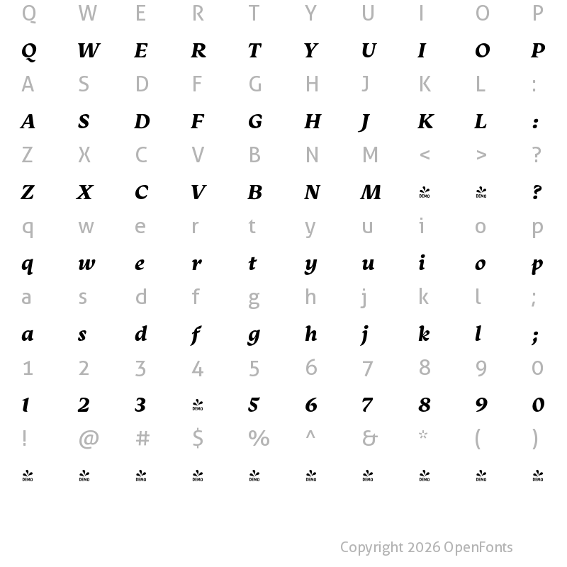 Character Map of FONTSPRING DEMO - Monarcha Bold Italic