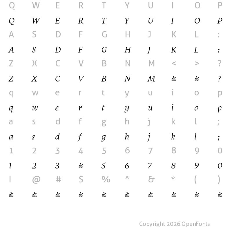 Character Map of FONTSPRING DEMO - Monarcha Book Italic