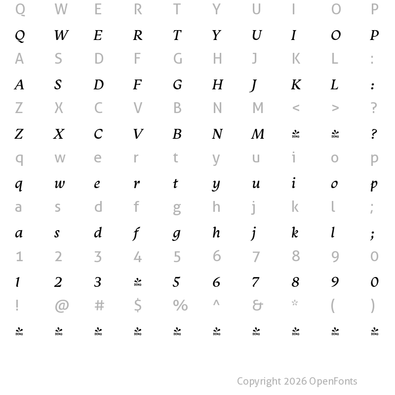 Character Map of FONTSPRING DEMO - Monarcha Italic