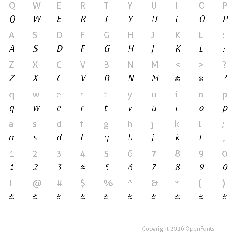 Character Map of FONTSPRING DEMO - Monem Italic
