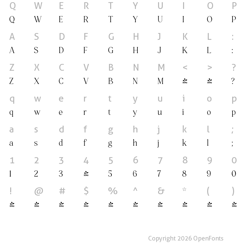 Character Map of FONTSPRING DEMO - Monesta Light DEMO Regular