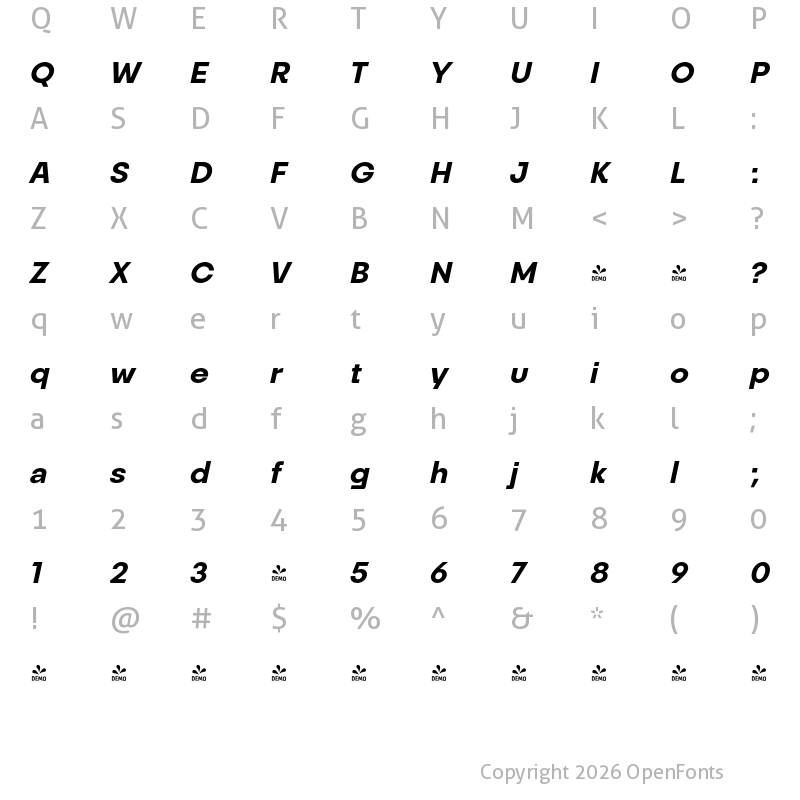 Character Map of FONTSPRING DEMO - Monolight Bold Italic