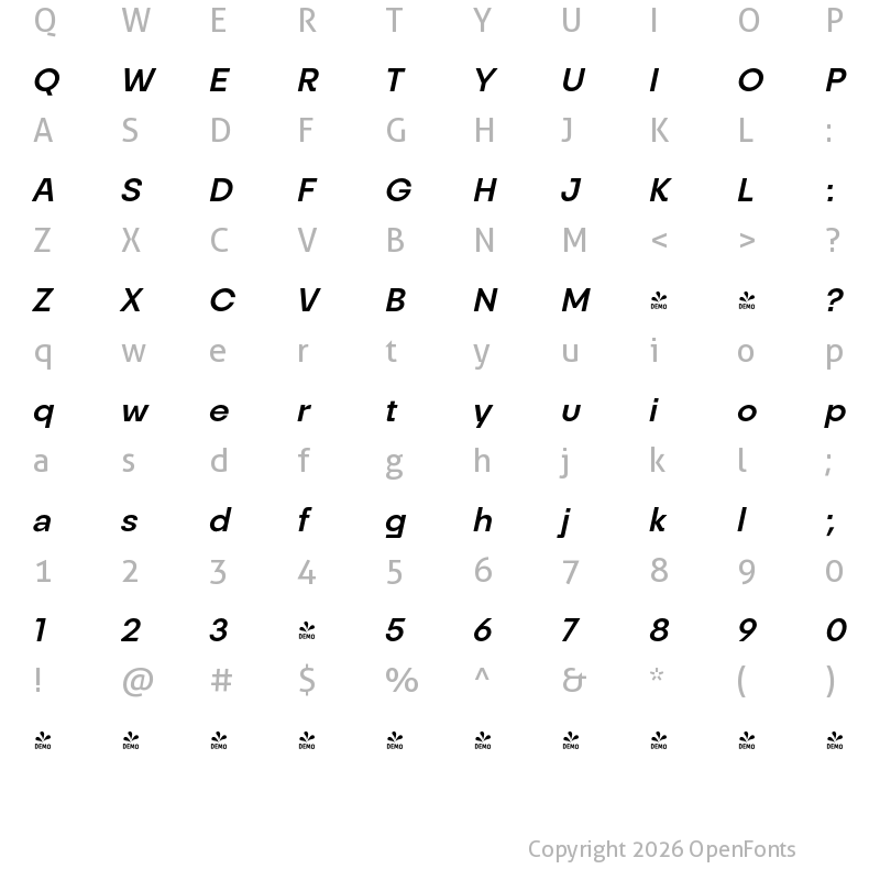 Character Map of FONTSPRING DEMO - Monolight Semibold italic Regular