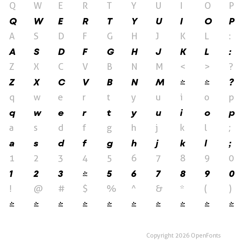 Character Map of FONTSPRING DEMO - Mont Blanc Bold Italic