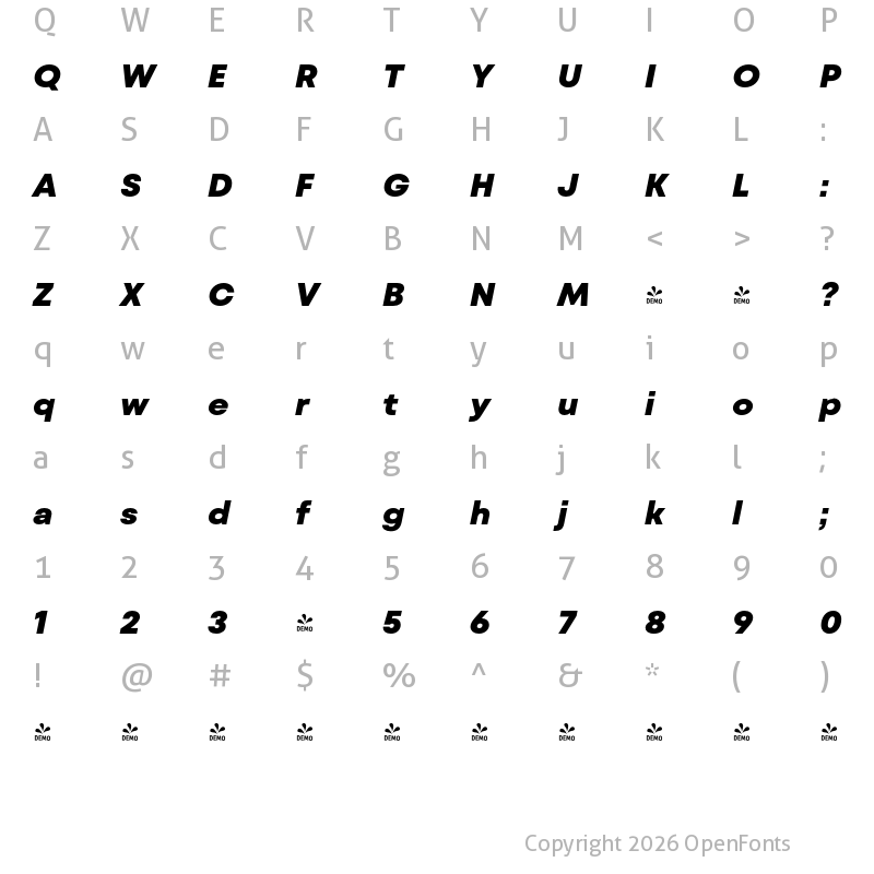 Character Map of FONTSPRING DEMO - Mont Blanc ExtraBold Italic