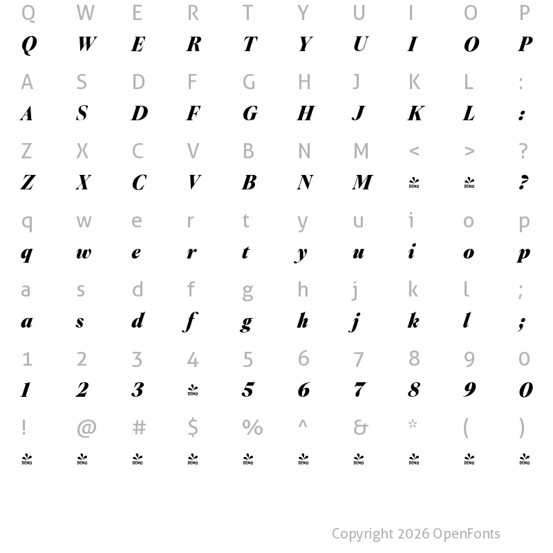Character Map of FONTSPRING DEMO - Montaigne Black Italic