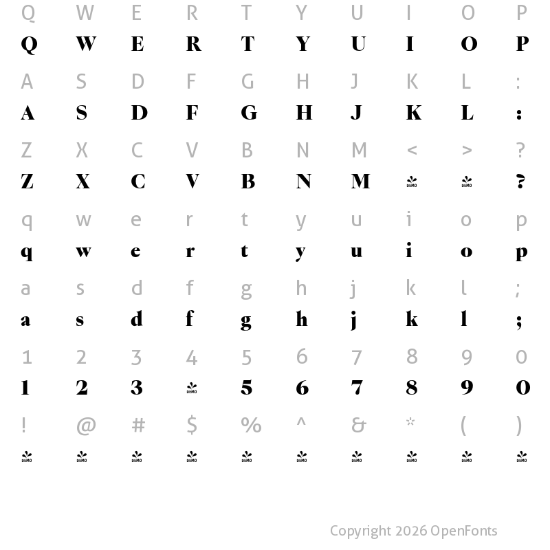 Character Map of FONTSPRING DEMO - Montaigne Black Regular
