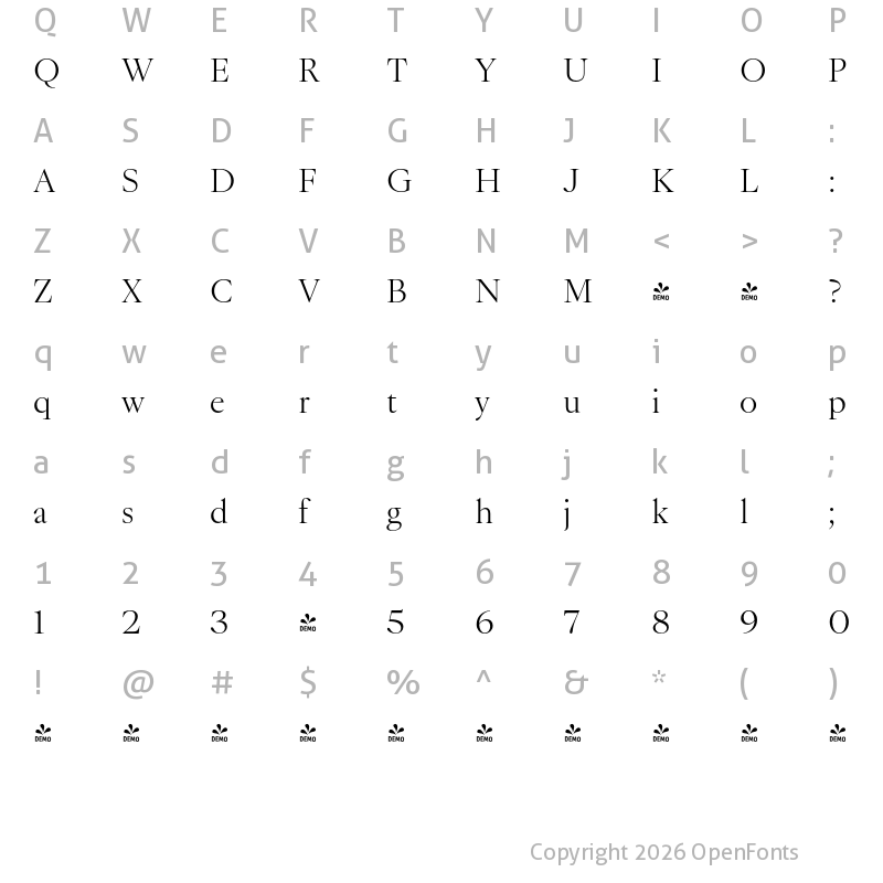 Character Map of FONTSPRING DEMO - Montaigne Light Regular