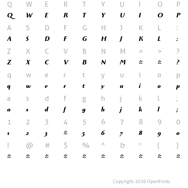 Character Map of FONTSPRING DEMO - Monterchi Extrabold Italic