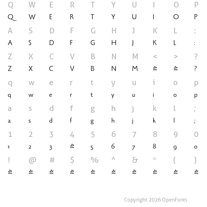 Character Map of FONTSPRING DEMO - Monterchi Sans Book Regular