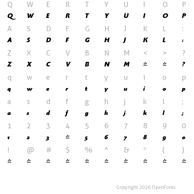 Character Map of FONTSPRING DEMO - Monterchi Sans Heavy Italic