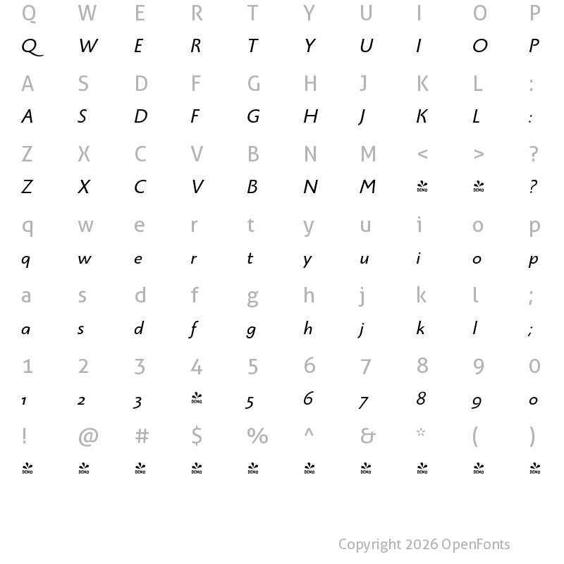 Character Map of FONTSPRING DEMO - Monterchi Sans Italic