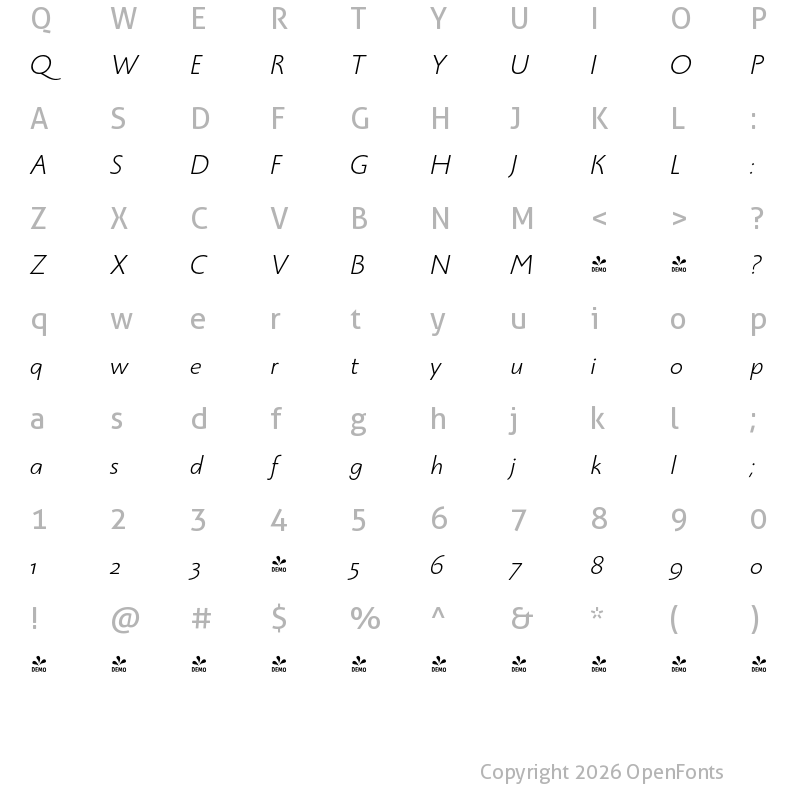 Character Map of FONTSPRING DEMO - Monterchi Sans Light Italic