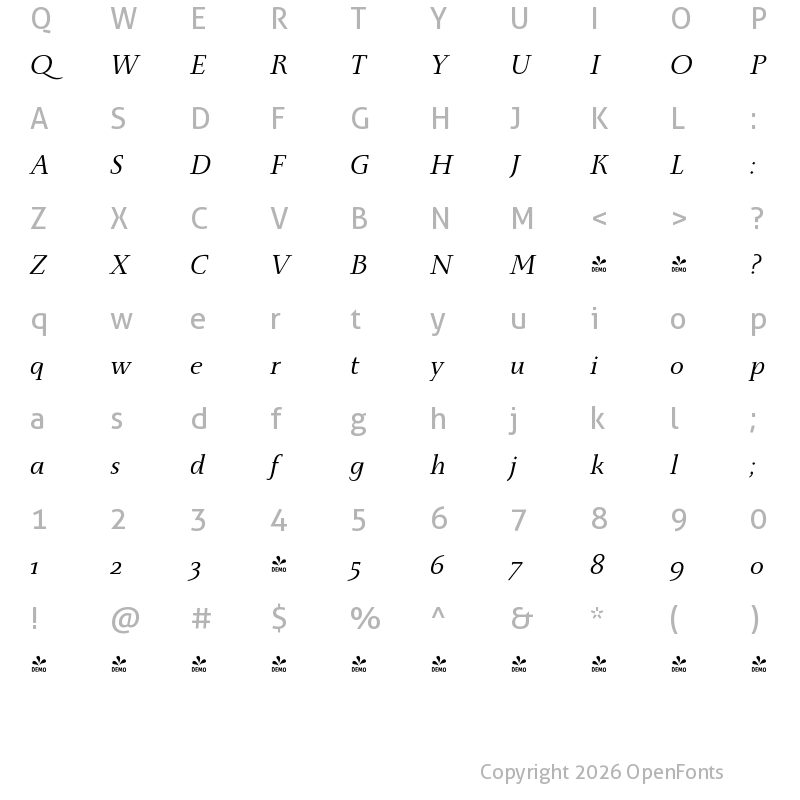 Character Map of FONTSPRING DEMO - Monterchi Serif Italic