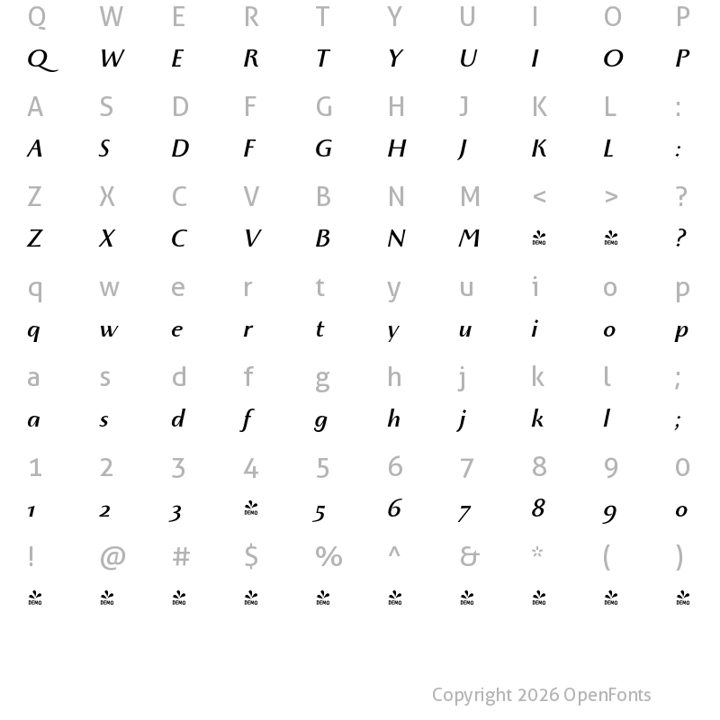 Character Map of FONTSPRING DEMO - Monterchi Text Bold Italic
