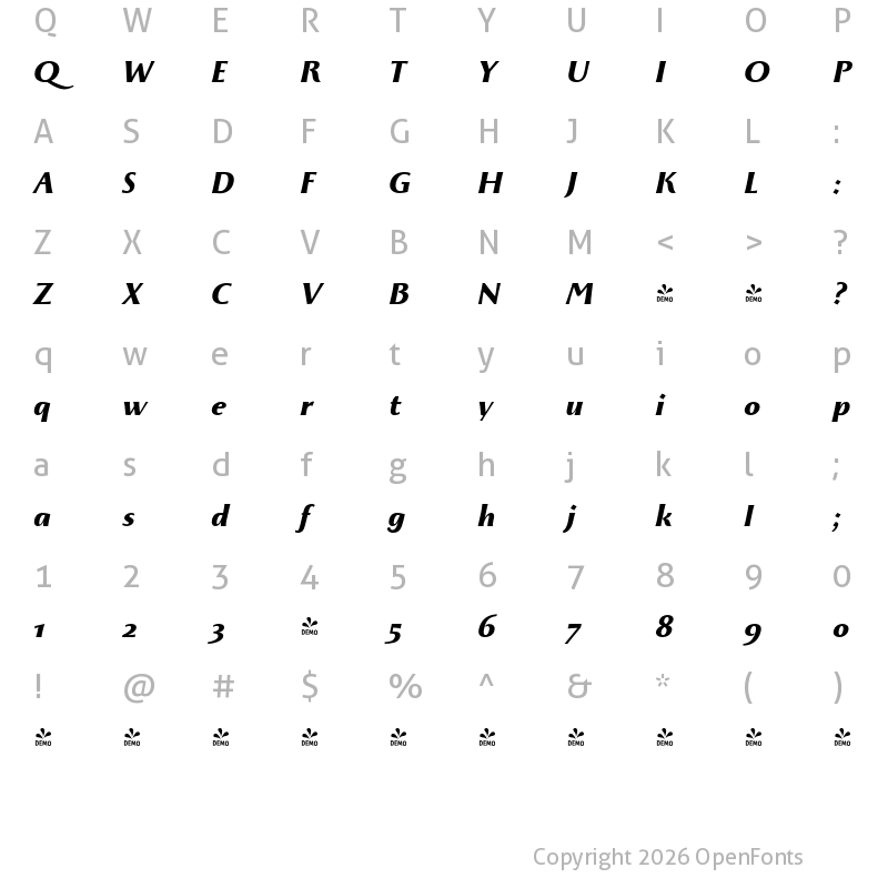 Character Map of FONTSPRING DEMO - Monterchi Text Extrabold Italic