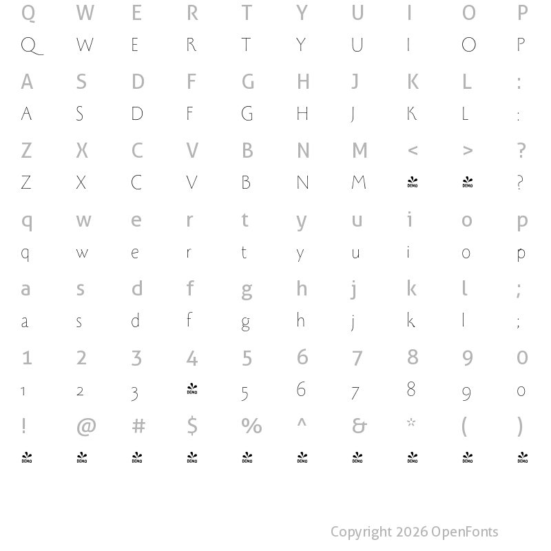 Character Map of FONTSPRING DEMO - Monterchi Text Thin Regular