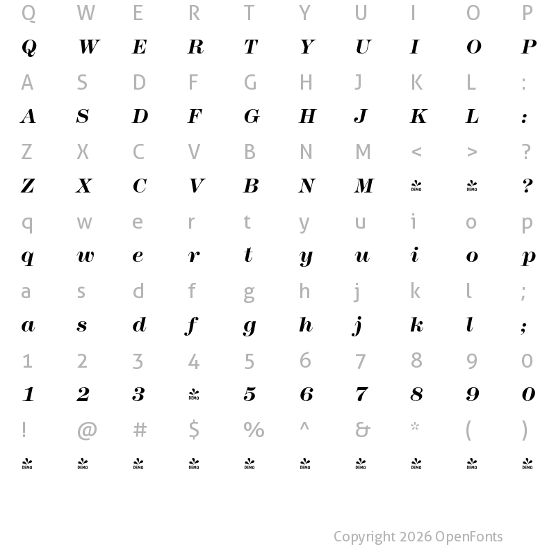 Character Map of FONTSPRING DEMO - Montpellier Pro Bold Italic