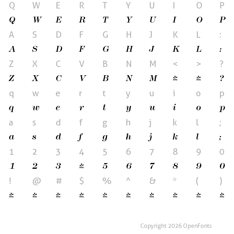 Character Map of FONTSPRING DEMO - Montpellier Pro Italic