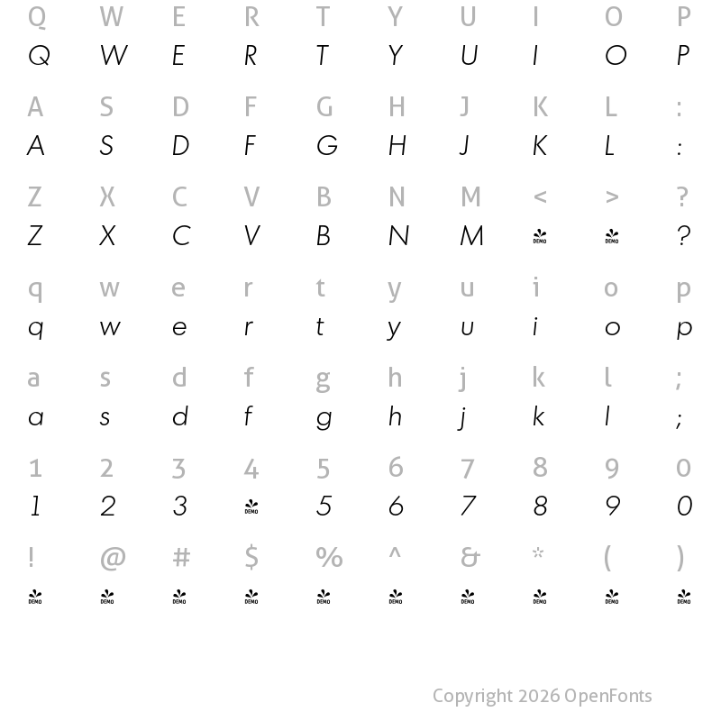 Character Map of FONTSPRING DEMO - Montreal Serial Light Italic