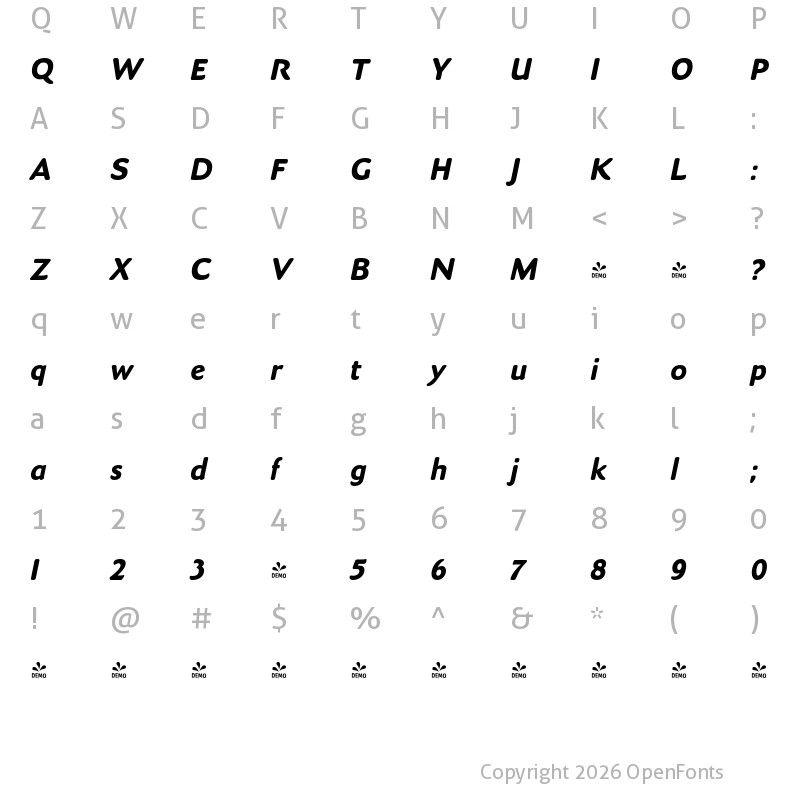 Character Map of FONTSPRING DEMO - Moon Cresta Rg Italic