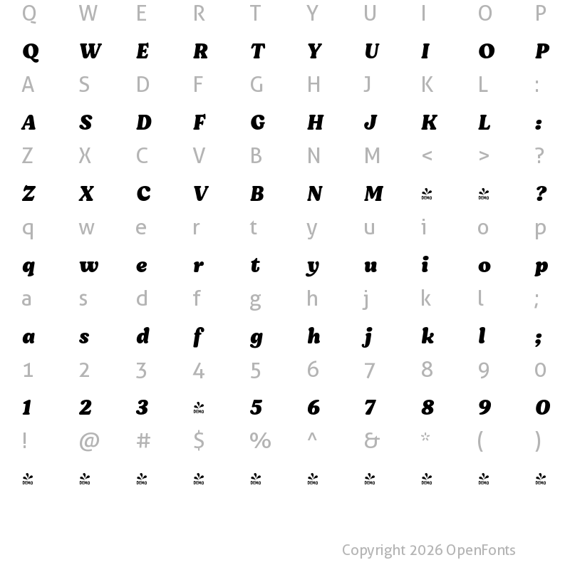 Character Map of FONTSPRING DEMO - Moranga Black It Regular
