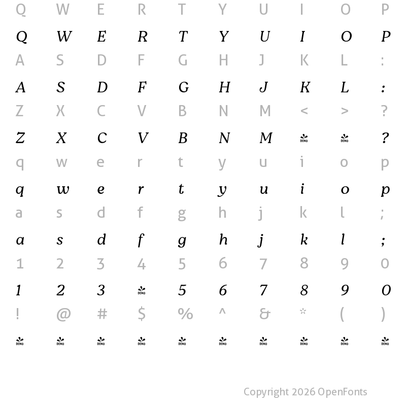 Character Map of FONTSPRING DEMO - Moranga Light It Regular