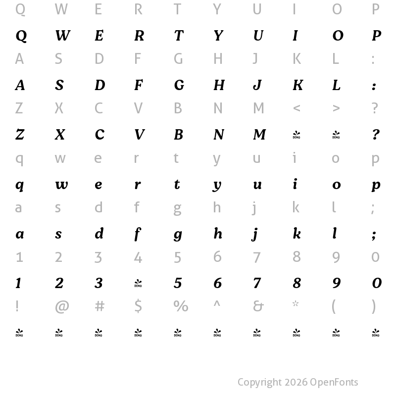 Character Map of FONTSPRING DEMO - Moranga Medium It Regular