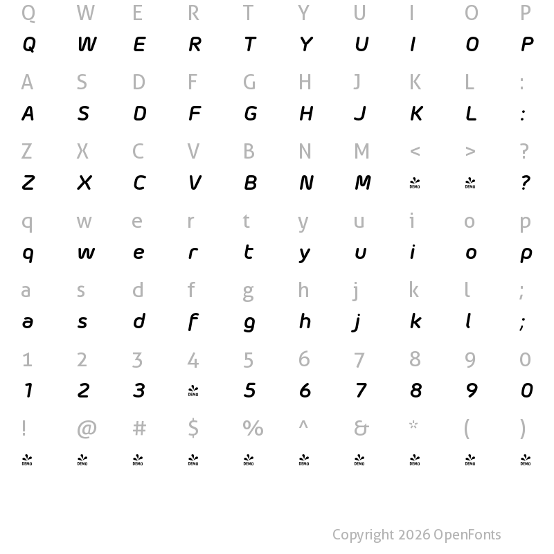 Character Map of FONTSPRING DEMO - Morebi Rounded Bold Italic