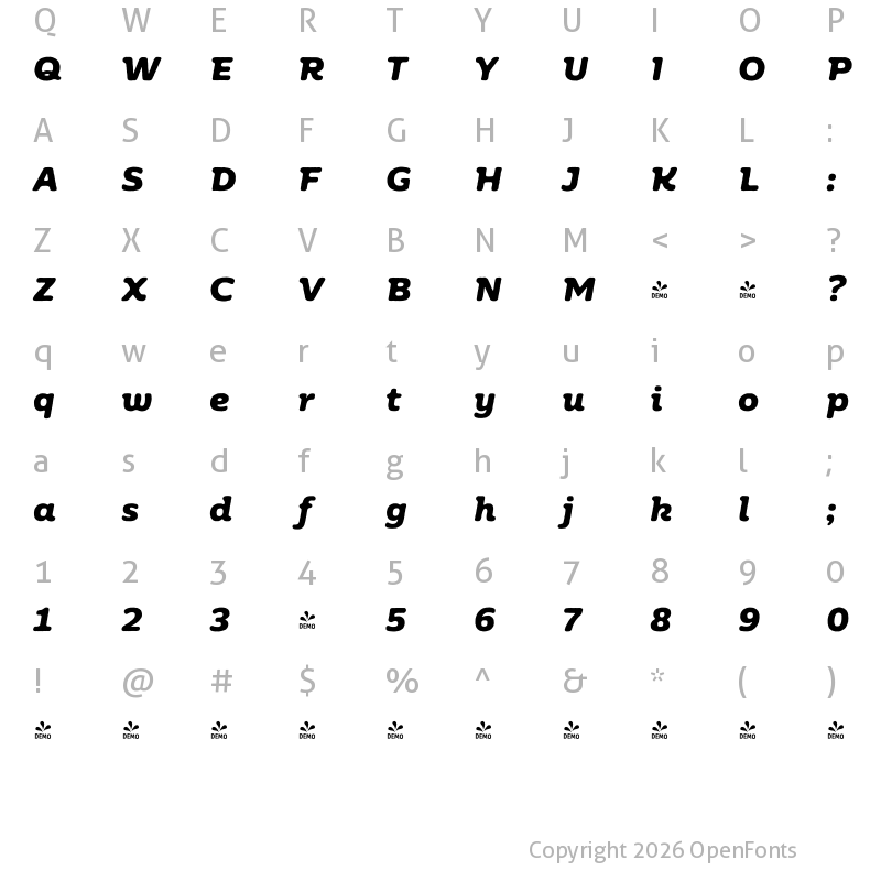 Character Map of FONTSPRING DEMO - Moreno Rough 02 Bold Italic Bold Italic