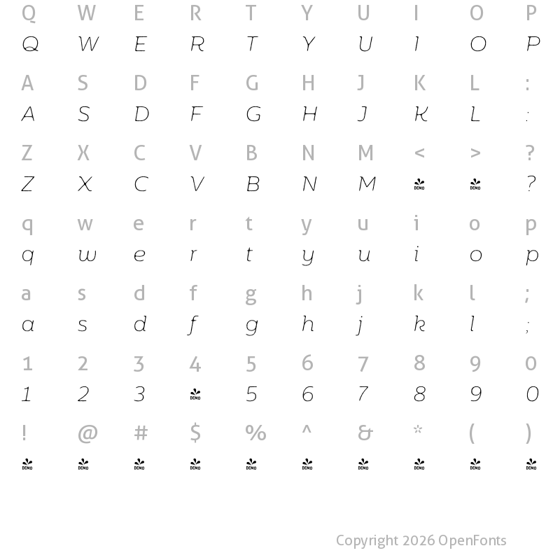 Character Map of FONTSPRING DEMO - Moreno Rust 02 XThin Italic XThin Italic