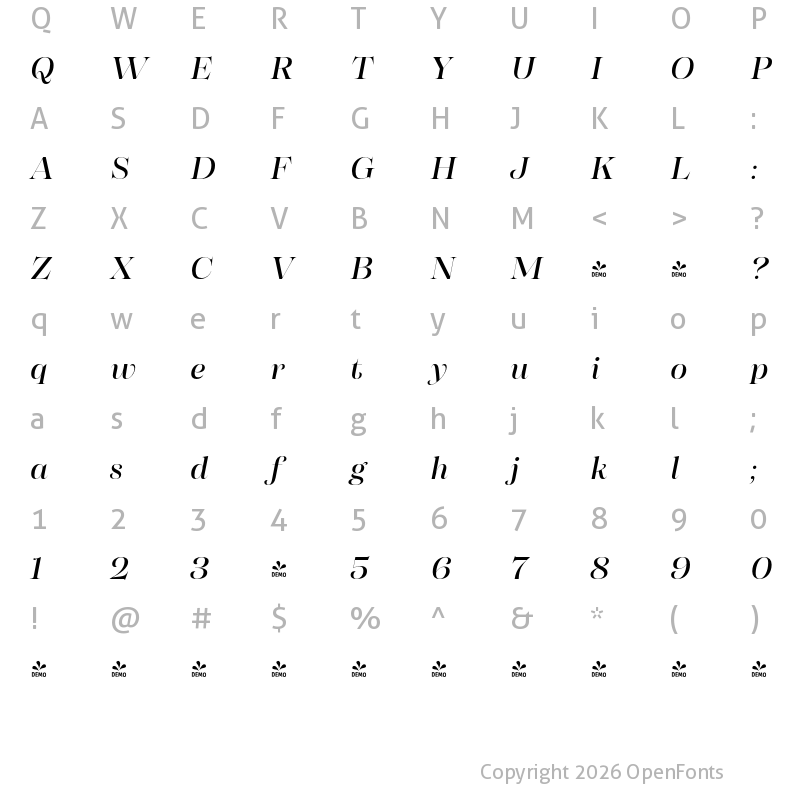 Character Map of FONTSPRING DEMO - Morison Display Italic Regular