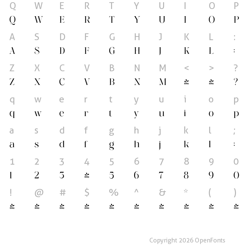 Character Map of FONTSPRING DEMO - Most Light Regular