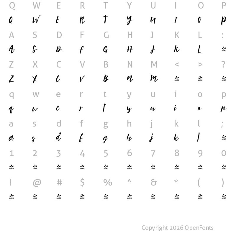 Character Map of FONTSPRING DEMO - Motisan Brush 2 Regular