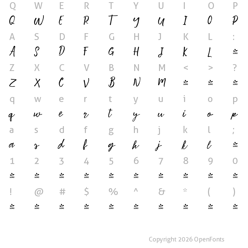 Character Map of FONTSPRING DEMO - Motisan Brush Regular