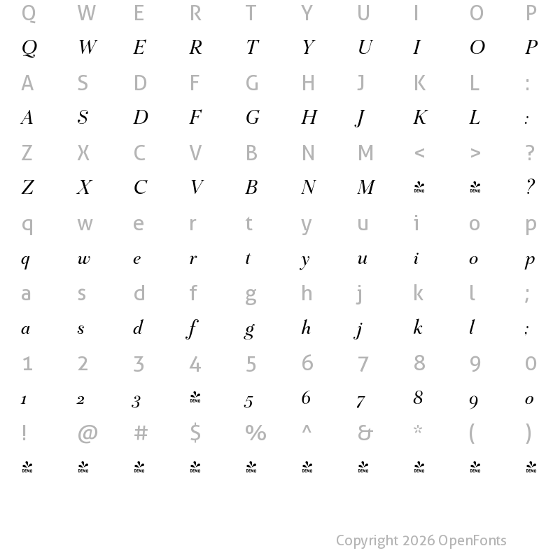 Character Map of FONTSPRING DEMO - Mr Gabe Italic