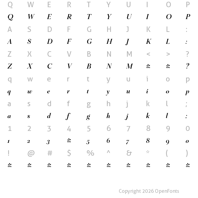Character Map of FONTSPRING DEMO - Mr Gabe Semibold Italic