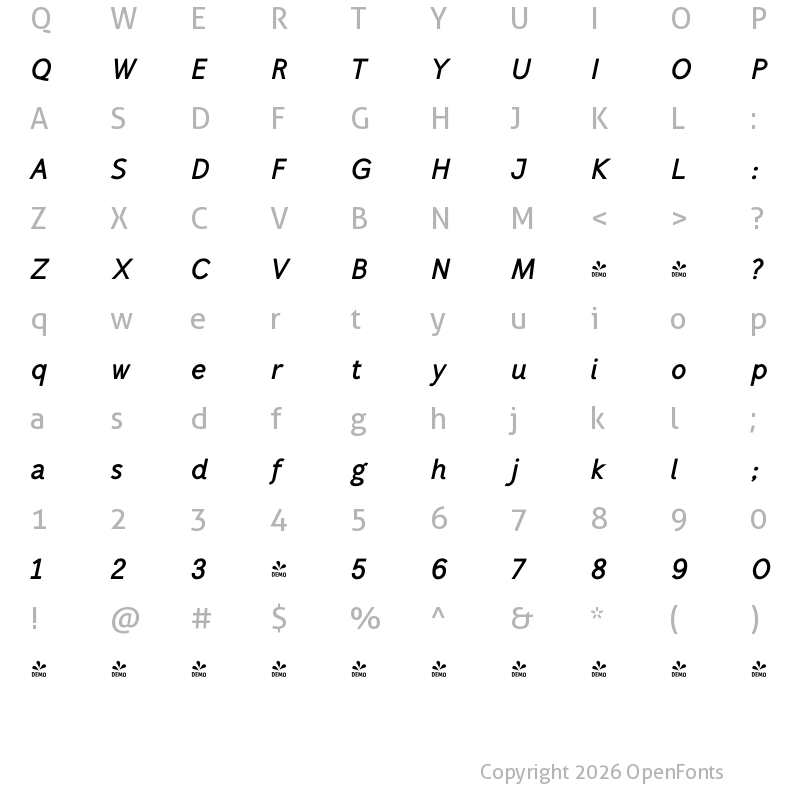 Character Map of FONTSPRING DEMO - Mucho Sans Bold Italic