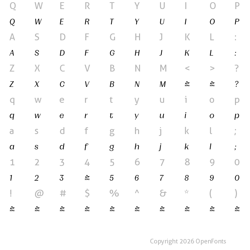 Character Map of FONTSPRING DEMO - Mumford Oblique Regular