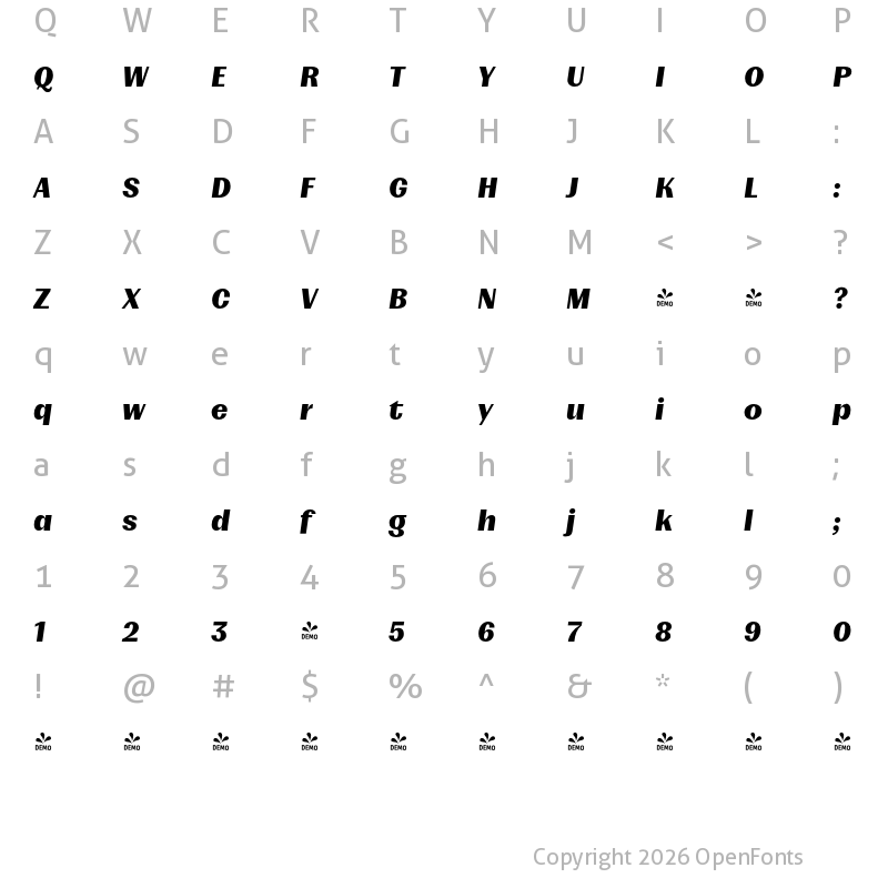Character Map of FONTSPRING DEMO - Mumford UltraBold Obl Regular