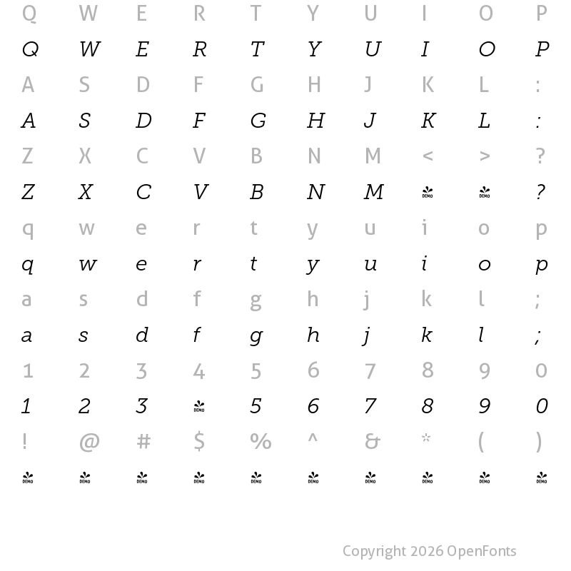 Character Map of FONTSPRING DEMO - Museo Slab 300 Italic